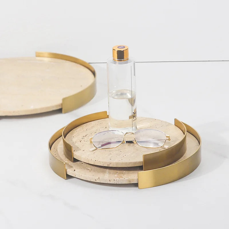 Afralia™ Beige Brown Travertine Marble Tray with Metal Frame