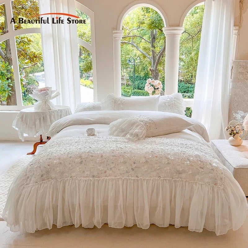 Afralia™ Floral Lace Ruffles Bedding Set: Duvet, Bedskirt, Bedspread, Sheet, Pillowcases