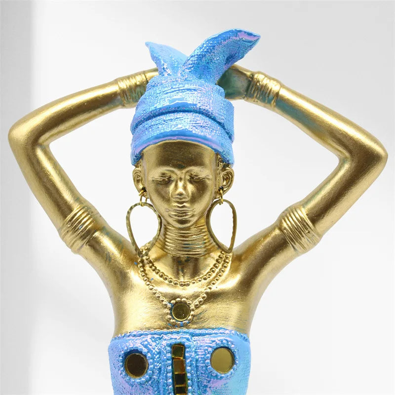 Afralia™ Golden Female Statue African Tribal Style Portrait Sculpture Home Decor