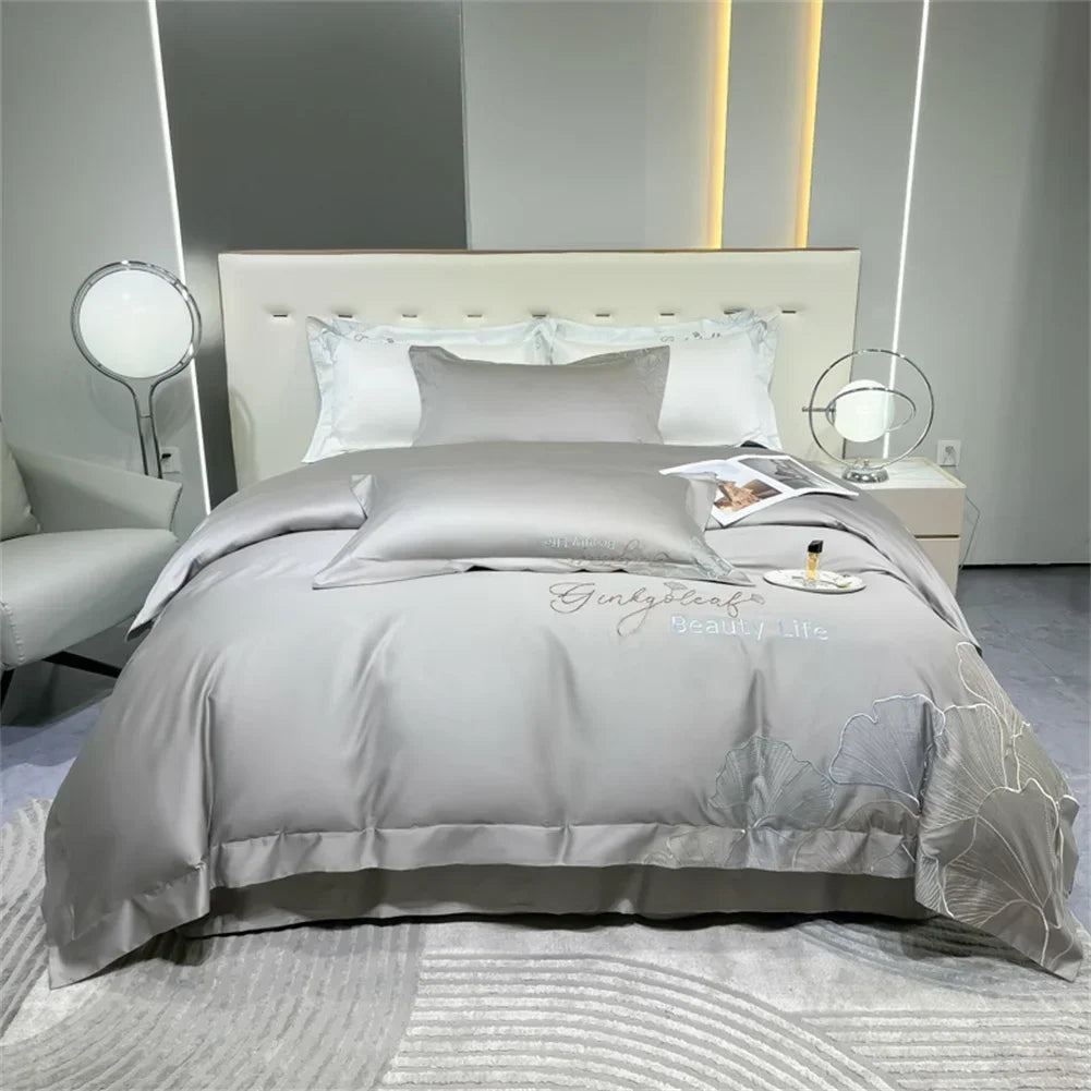 Afralia™ 1200TC Embroidery Egyptian Cotton Bedding Set 4pcs King Queen Solid Sheet Duvet Cover