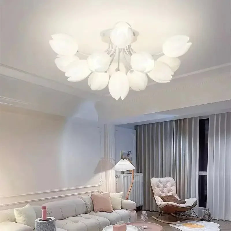 Afralia™ Nordic White Lily Blossom LED Chandelier for Living Dining Kitchen Bedroom
