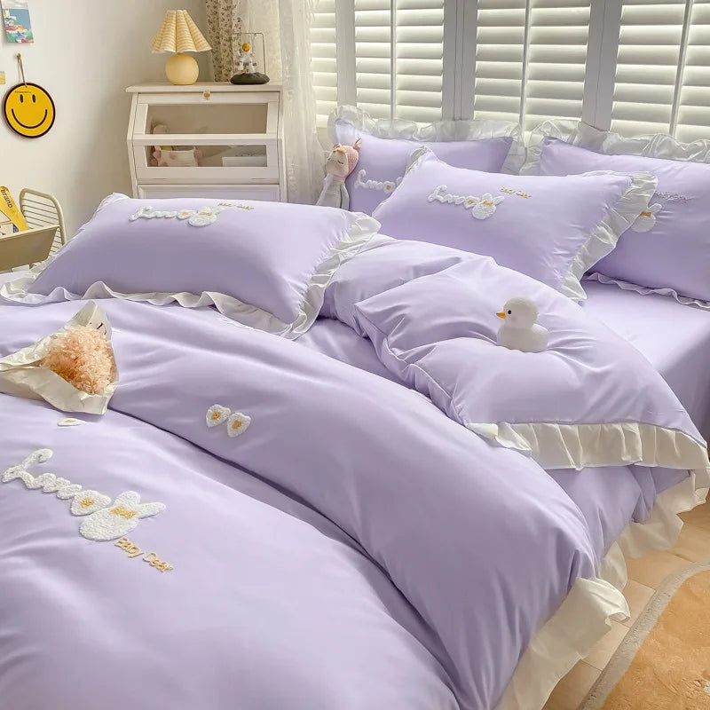 Afralia™ Cartoon Embroidery 100% Cotton Bedding Set King Queen Bedclothes