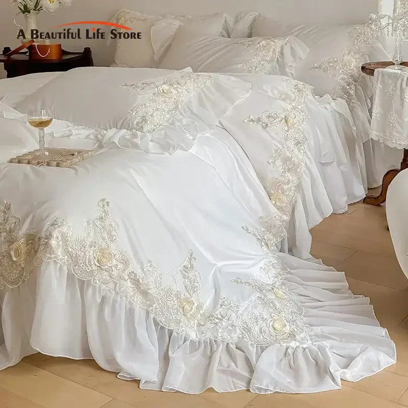 Afralia™ French Rose Flowers Lace Wedding Bedding Set with Ruffles