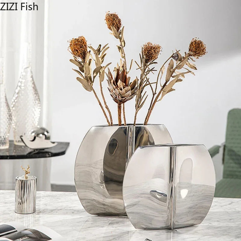 Afralia™ Silvery Geometry Vase for Desk and Floral Arrangement Decor