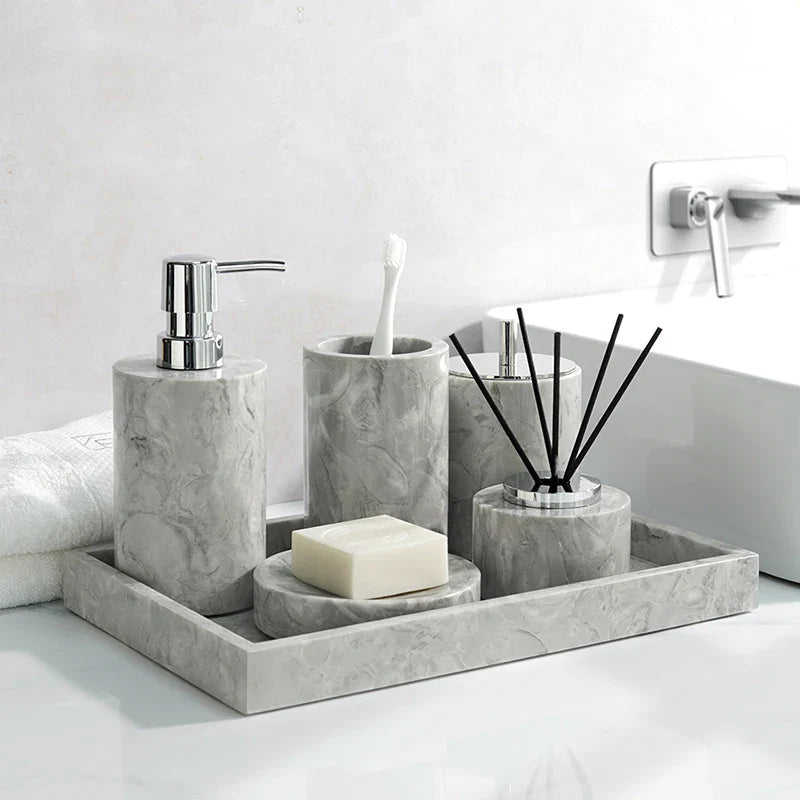 Afralia™ Marble Bathroom Accessories Set - Soap Dispenser, Toothbrush Holder, Cup, Toilet Brush