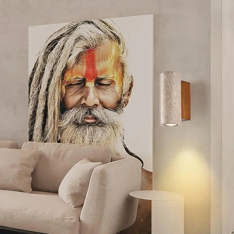 Afralia™ LED Wall Sconce Yellow Travertine Stone Bedroom Study Cafe Wood Base Stair Light