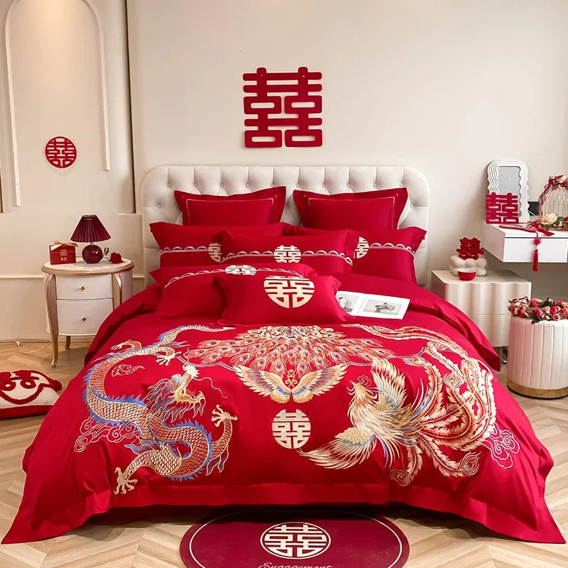 Afralia™ Red Wedding Cotton Bedding Set: King & Queen Sheet Pillowcase Duvet Cover