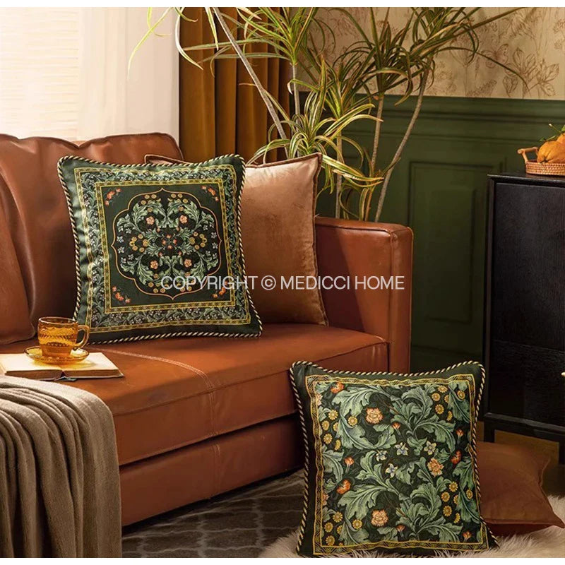 Afralia™ Acanthus Scroll Leaves Velvet Accent Pillow Case Luxury Vintage Emerald Green Decor