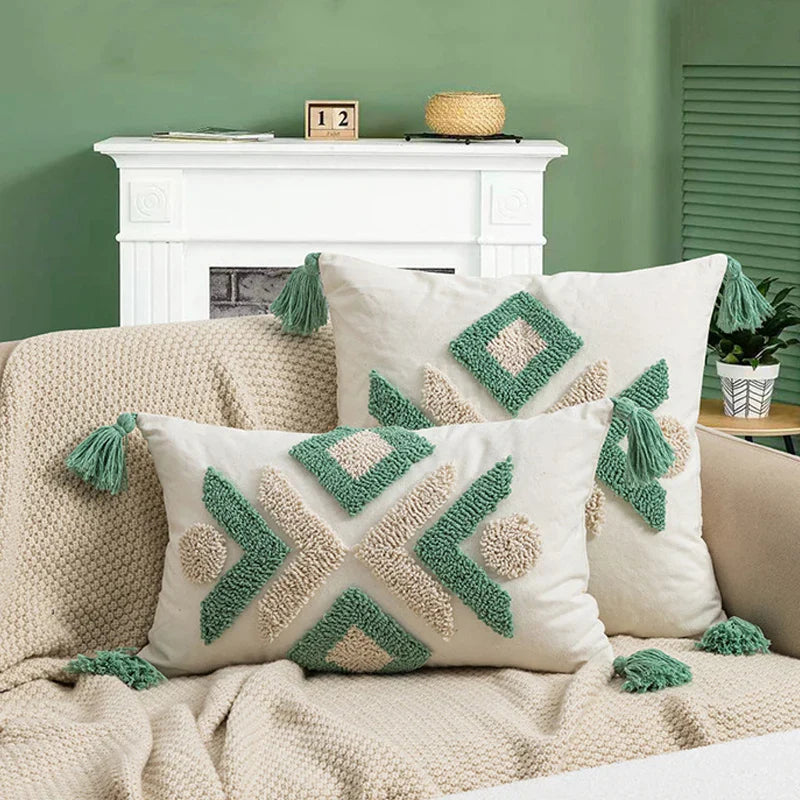 Afralia™ Tufted Geometric Pillow Cover Green Brown Ivory Boho Style Tassels 45x45cm 30x50cm