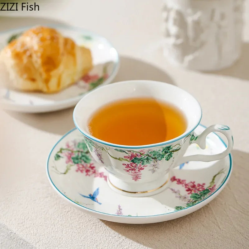 Afralia™ Green Willow Porcelain Tea Cup & Saucer Set - Elegant Tableware and Coffee Mug