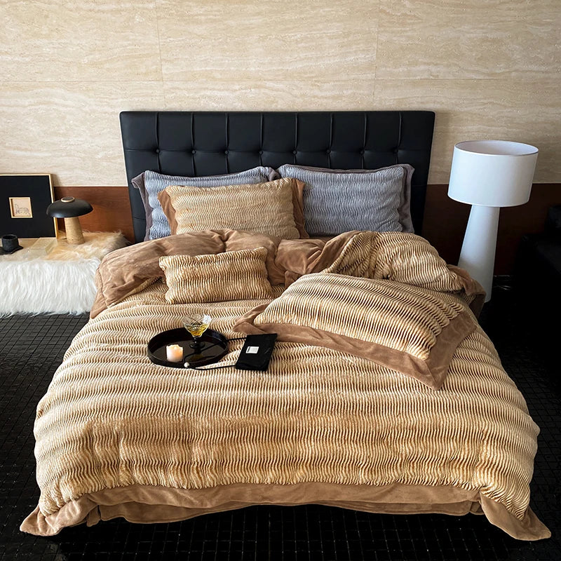 Afralia™ Winter Milk Velvet Bedding Set in Brown Grey - Soft Plush Duvet Cover, Sheet, Pillowcases