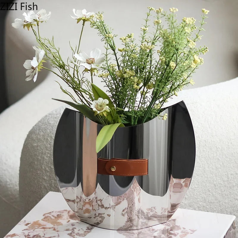 Afralia™ Silver Geometric Metal Vase for Stylish Flowers Arrangement and Room Decor