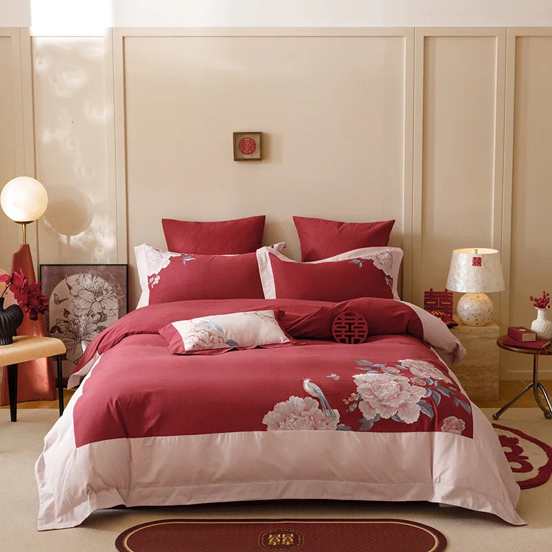 Afralia™ Luxury Chinese Flowers Embroidery Wedding Bedding Set Pillowcases