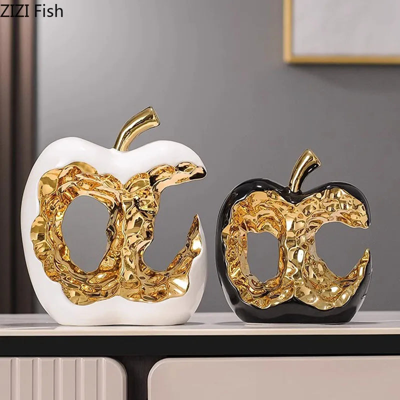 Afralia™ Ceramic Apple Sculpture Desk Decoration - Gold-plated Hollow Out Craft, Room Aesthetic Ornament