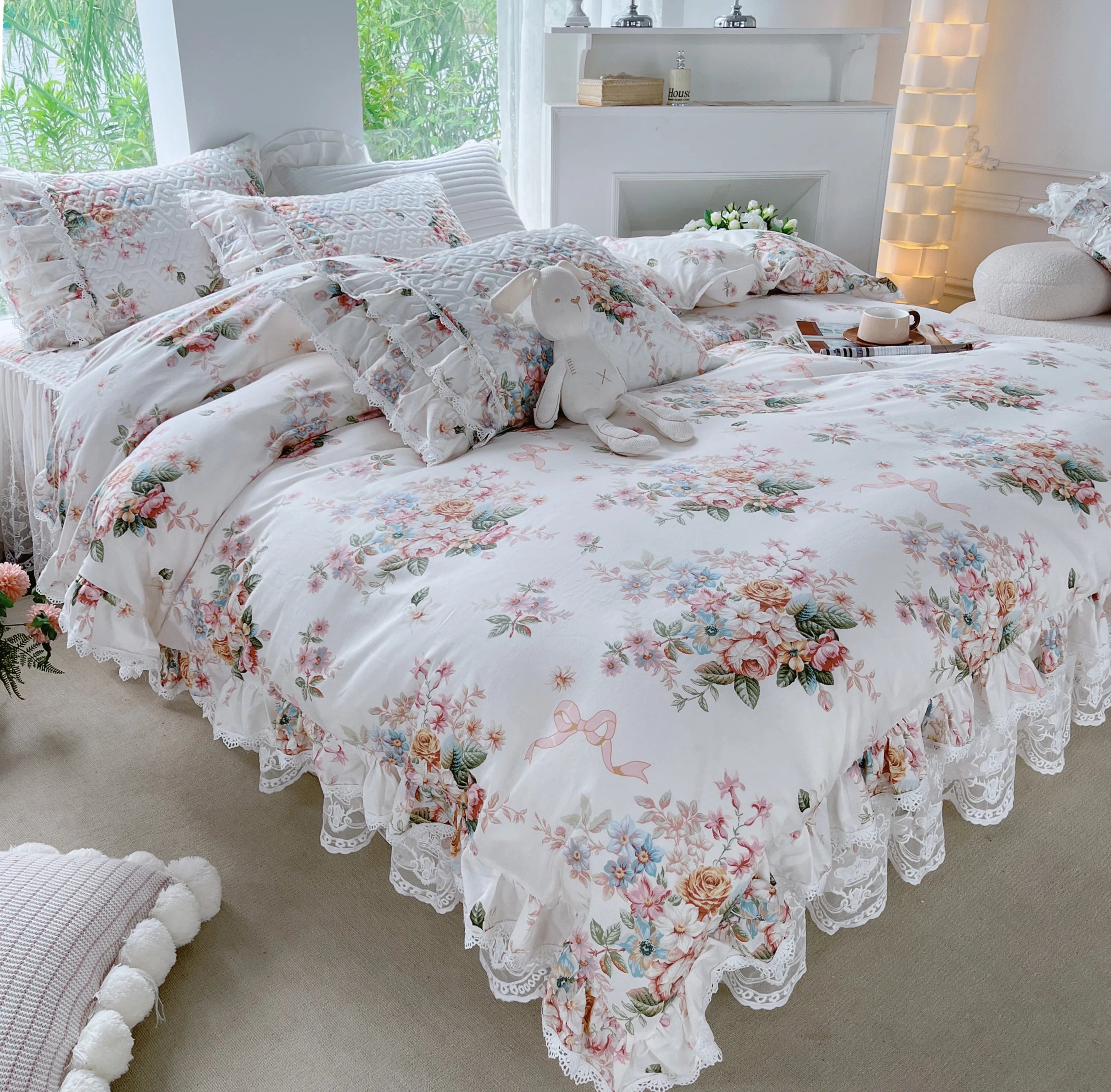 Afralia™ French Floral Print Bedding Set: Duvet Cover, Lace Ruffles, Quilted Embroidery, Pillowcases