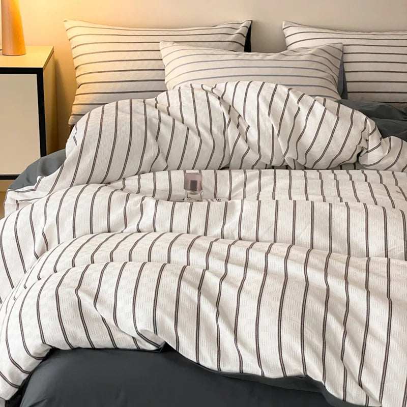 Afralia™ Striped Cotton Bedding Set: High-End Japanese Jacquard Quilt Cover Kit for Single Double