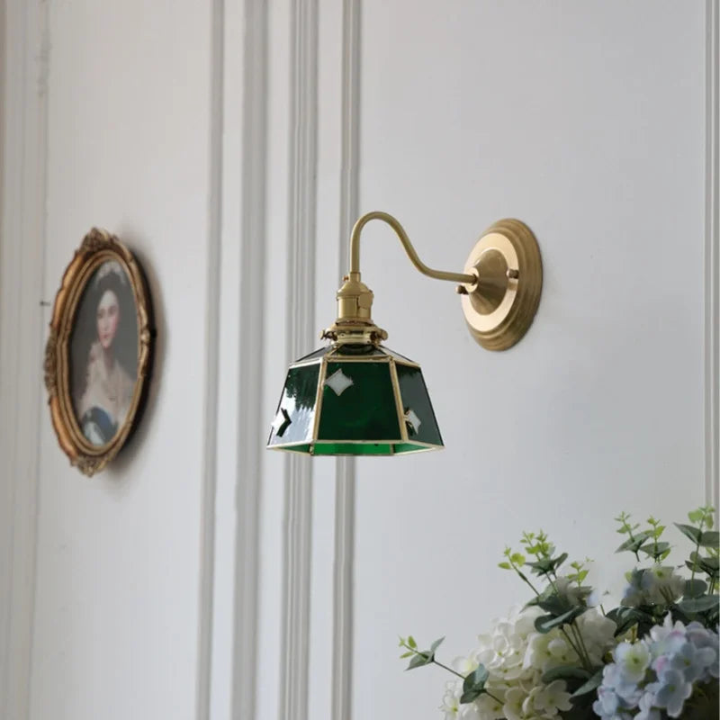 Afralia™ Green Glass LED Wall Sconce Copper Knob Switch Vintage Loft Stair Light