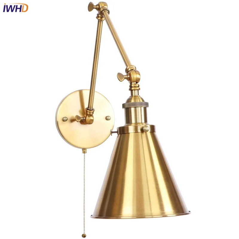 Afralia™ Vintage Iron Gold LED Wall Lamp with Long Arm and Pull Chain Switch