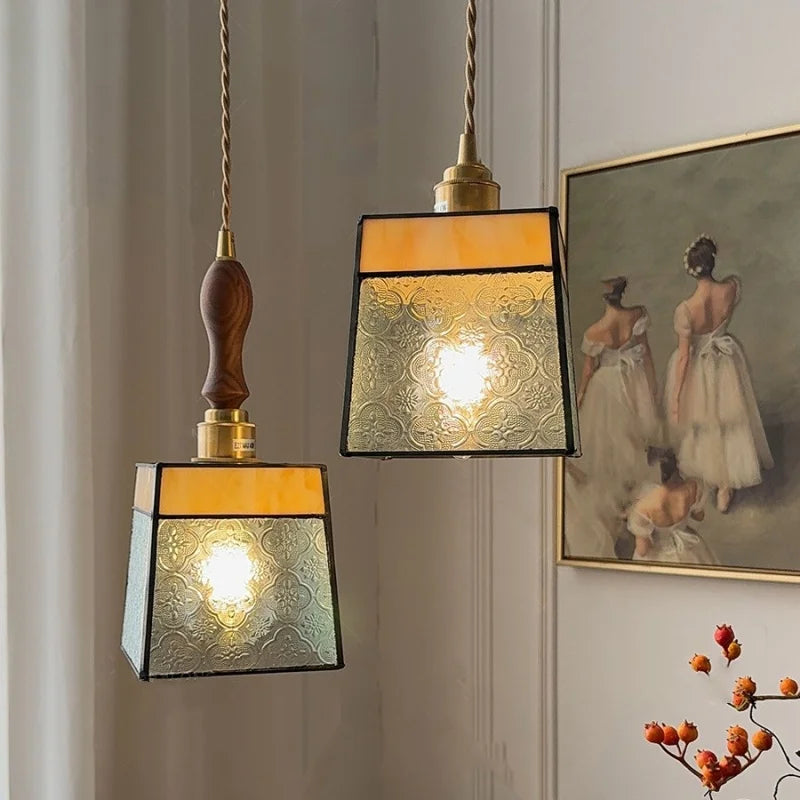 Afralia™ Vintage Flower LED Glass Pendant Light Fixture with Walnut Wood - Japan Style