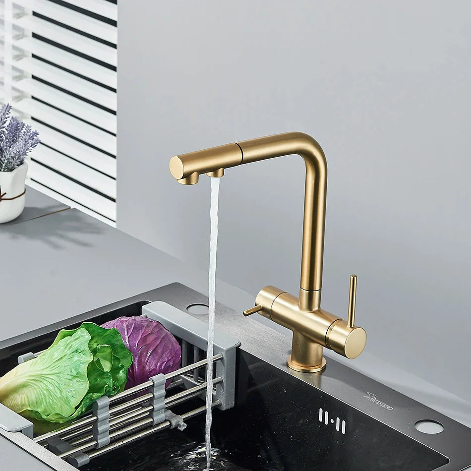 Afralia™ Dual Handle Waterfilter Kitchen Faucet with 360° Rotation & Pull Out Mixer Tap