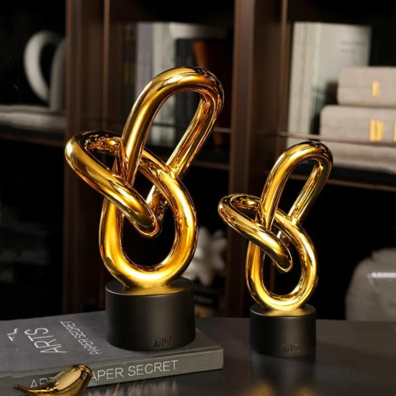 Afralia™ Resin Crafts Golden Rings Chains Geometric Sculpture Figurines Hollow Decor