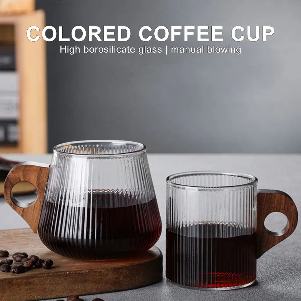 Afralia™ Glass Coffee Mug with Wooden Handle, Japanese-Style Tea Cup, Vertical Stripes