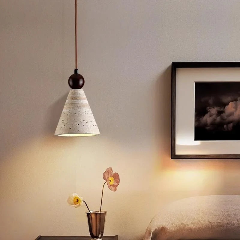 Afralia™ Wood Stone LED Pendant Lamp Yellow Travertine Vintage Hanging Luminaria