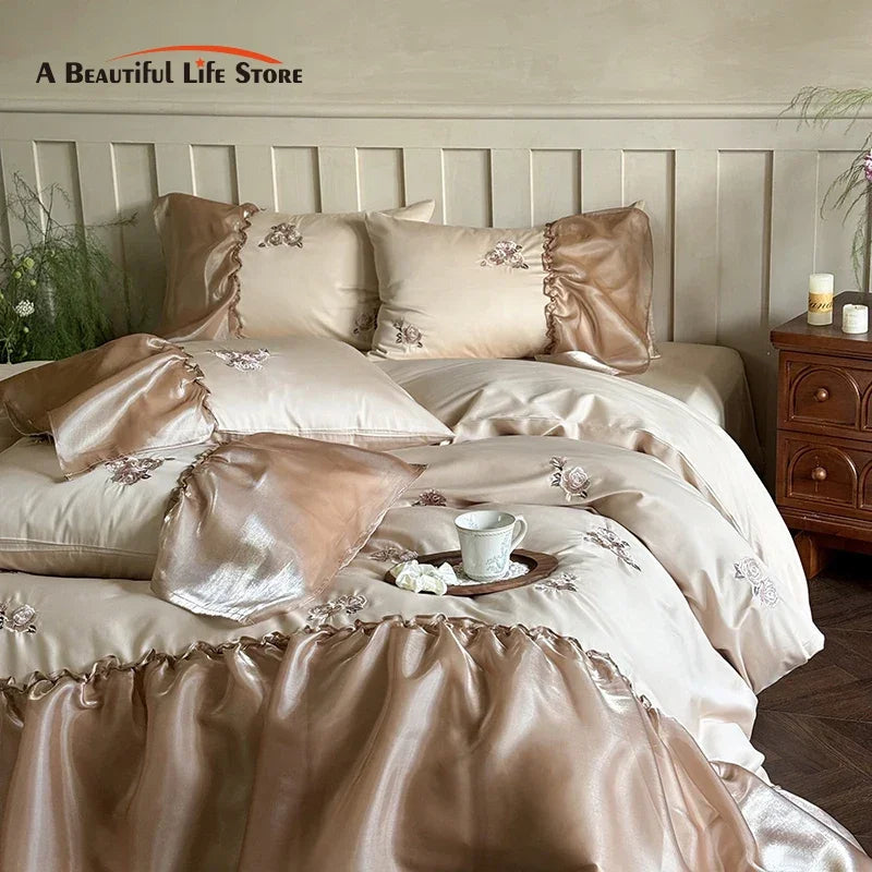 Afralia™ Organza Lace Ruffles Flowers Embroidery 1000TC Egyptian Cotton Bedding Set