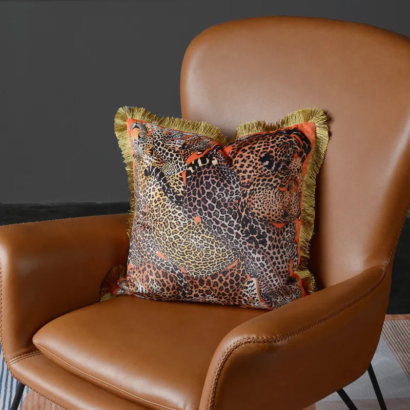 Afralia™ Luxe Pink Leopard Velvet Tassel Pillowcase for Living Room Sofa - Double Sided Boujee Chic