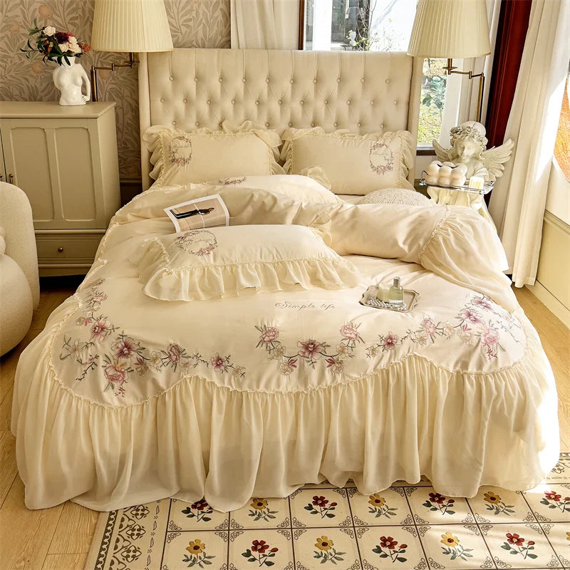 Afralia™ Beige Pink Lace Embroidery Bedding Set Egyptian Cotton Quilt Duvet Cover Sheet