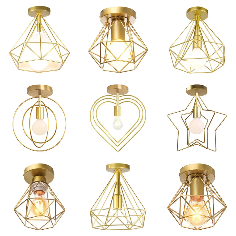 Afralia™ Gold Iron Cage Ceiling Light Modern Nordic Decor Retro Loft Fixture E27