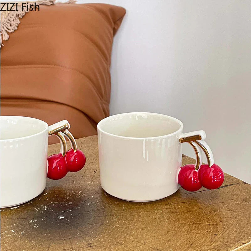 Afralia™ Cherry Handle Mug: White Ceramic Tea & Coffee Cup for Dining Table