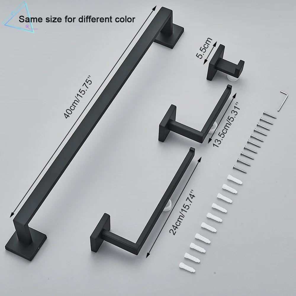 Afralia™ Black Stainless Steel Bathroom Accessories Set: Towel Bar, Paper Holder, Hook & Bath Rack