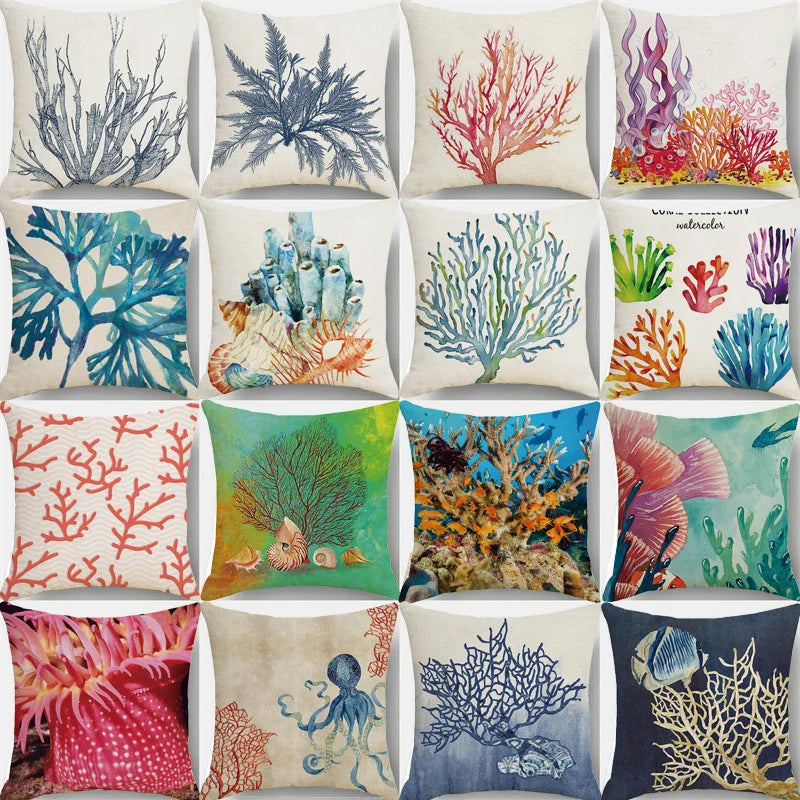 Afralia™ Watercolor Coral Marine Life Cushion Cover Fish Animal Linen Pillow Case Home Decor