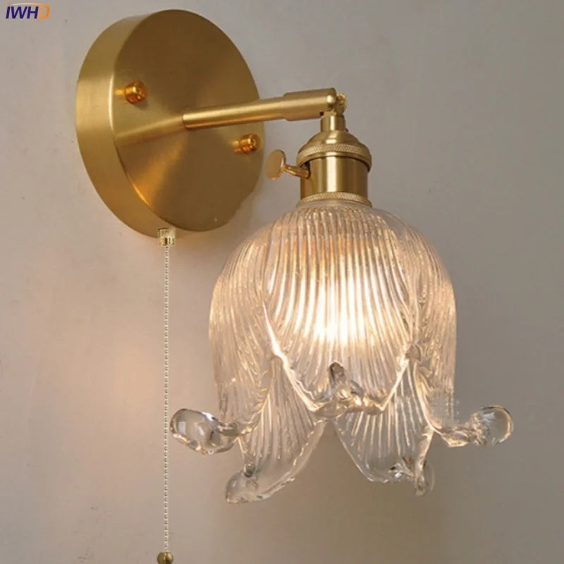 Afralia™ Vintage Glass Wall Sconce - LED Pull Chain Switch Up Down Rotate Wall Lamp