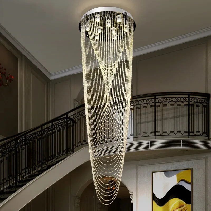 Afralia™ Crystal Tassel Stair Chandelier for Luxury Indoor Lighting in Living Room or Lobby