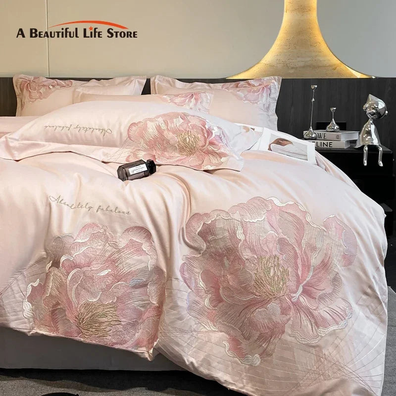 Luxury Flowers Embroidery Bedding Set by Afralia™: Duvet, Sheet, Pillowcases 4Pcs