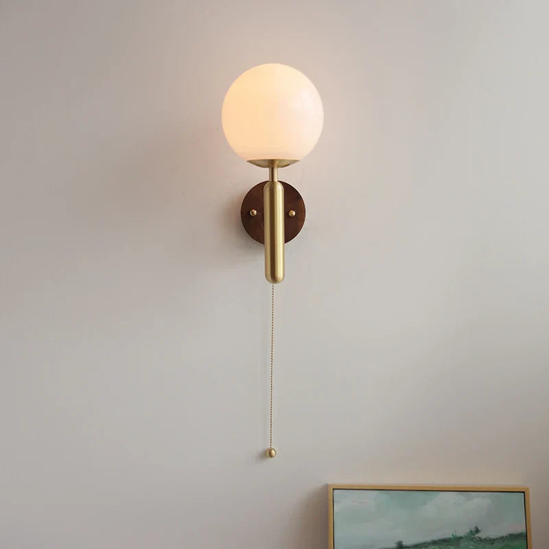 Afralia™ White Glass LED Wall Sconce with Pull Chain Switch, Modern Copper Base Mirror Light