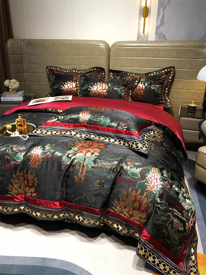 Afralia™ Luxury Brocade Jacquard & Egyptian Cotton Embroidery Bedding Set - Quilt Cover, Sheet, Bedspread & Shams