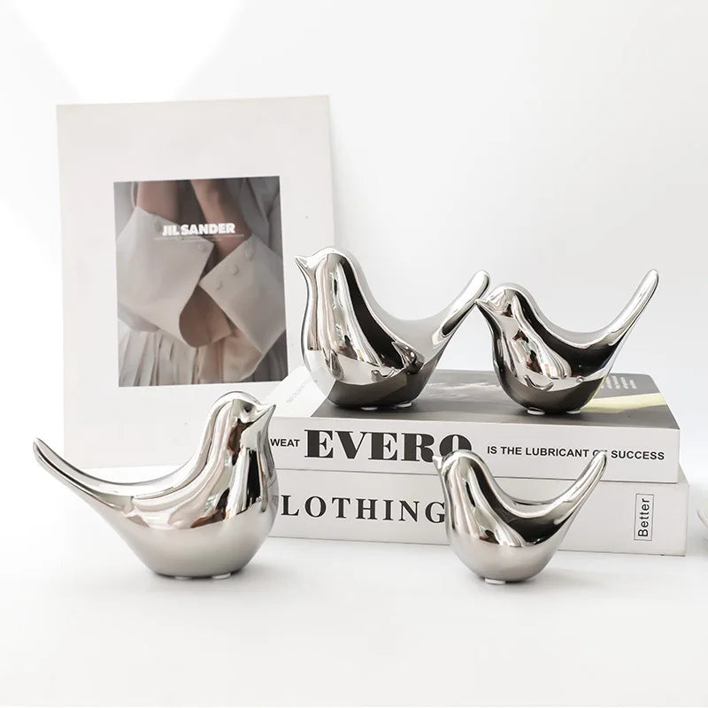 Afralia™ Golden Silver Bird Figurines Modern Ceramic Statues - Home Decor Wedding Gifts