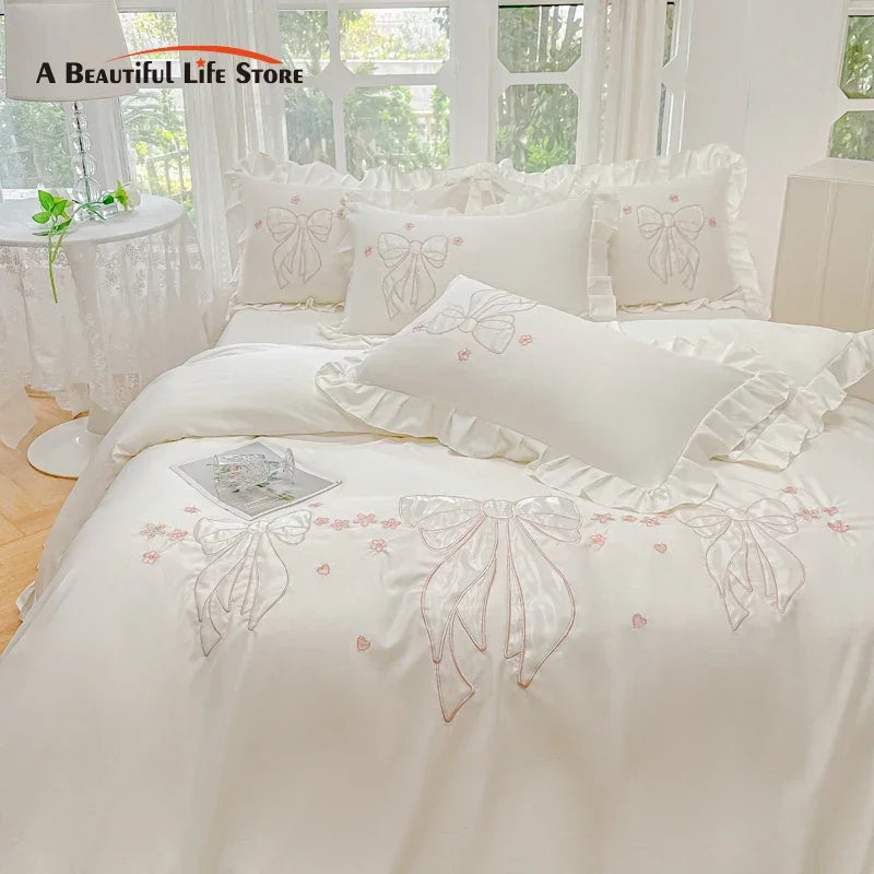 Afralia™ Ice Silk Embroidered Ruffles Duvet Set with Cool & Skin-Friendly Feel