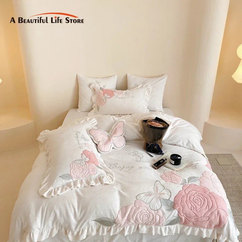Afralia™ Lace Ruffles Princess Duvet Set, Butterfly Flowers Embroidery, Cozy Bedding with Bed Sheet & Pillowcases