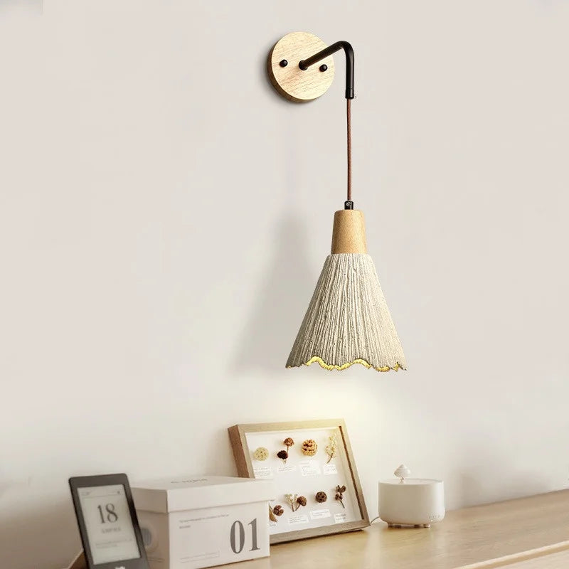 Afralia™ LED Wall Light Fixture Cement Wood Base Bedside Lamp