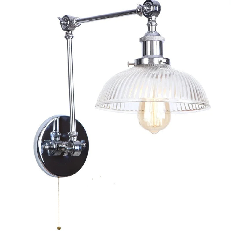Afralia™ Vintage Loft LED Wall Lights Pull Chain Switch Chrome Clear Glass Fixtures