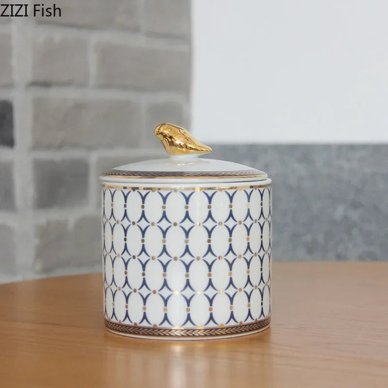 Afralia™ Gold Plated Ceramic Storage Jar with Candle Cup Cosmetic Containers Desk Decoration