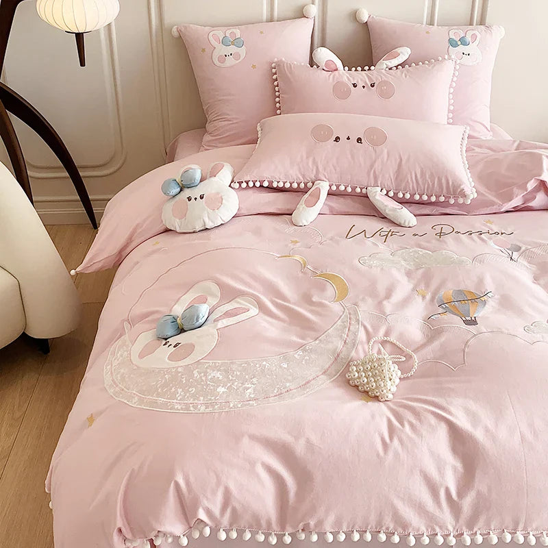 Afralia™ Cartoon Rabbit Moon Embroidery 100% Cotton Girls Bedding Set with Ball Edge