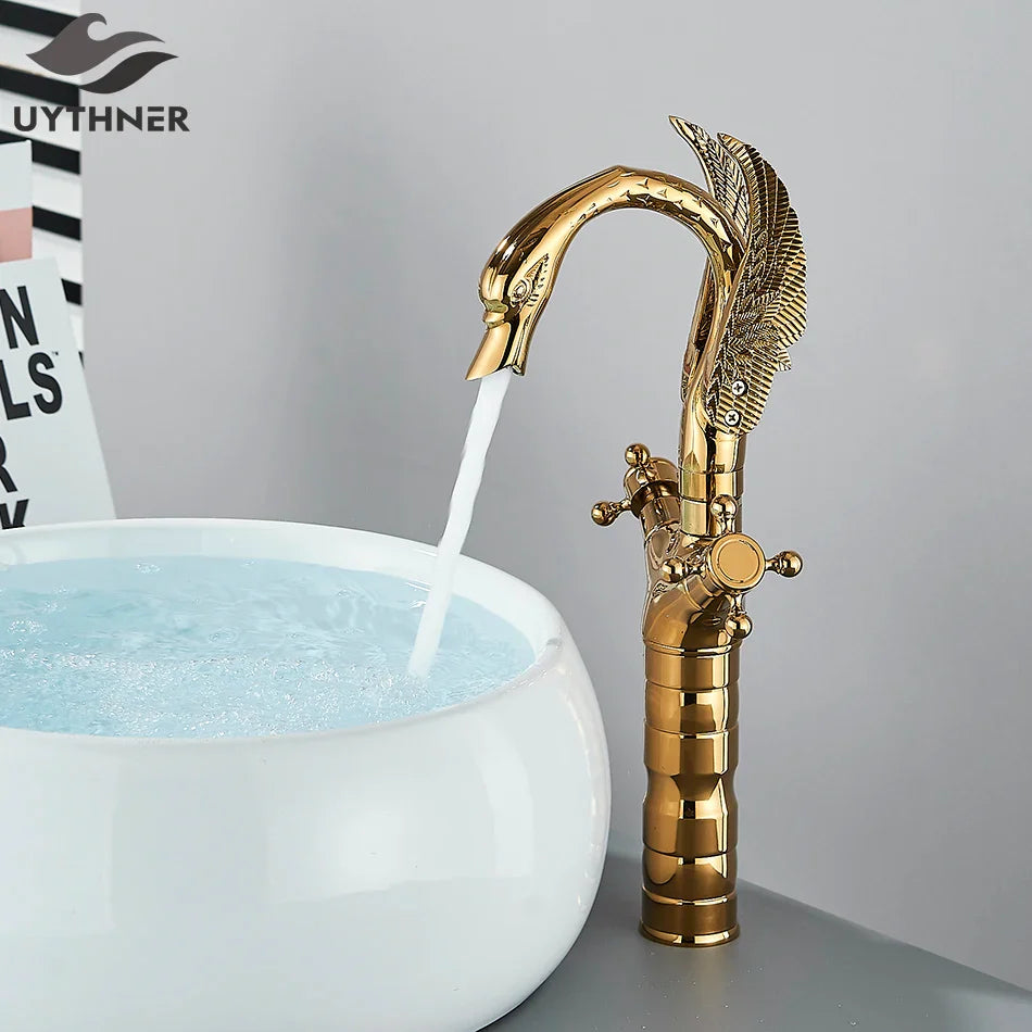 Afralia™ Swan Luxury Brass Faucet for Bathroom Washbasin in Black/Gold/Antique Finish