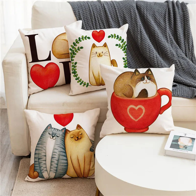 Afralia™ Cartoon Cat Linen Pillowcase 45x45cm Couple Love Cushion Covers for Living Room