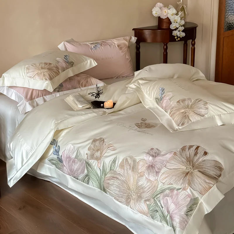 Afralia™ Luxury Flowers Embroidery Bedding Set Cream White 1000TC Egyptian Cotton Princess Suite