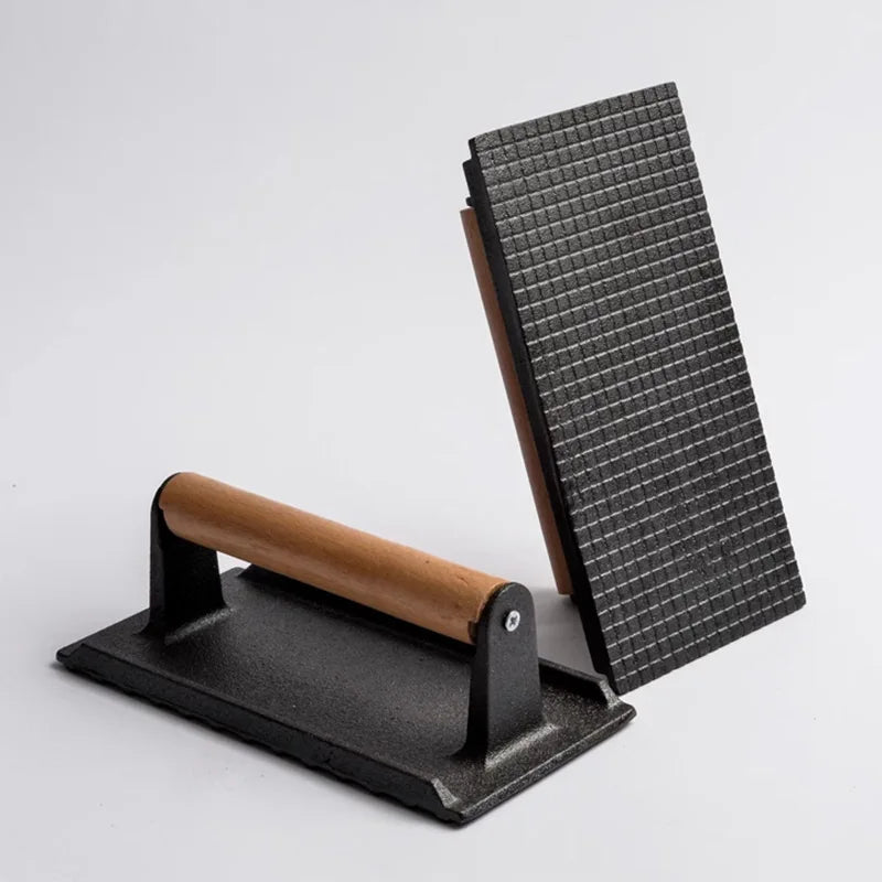 Afralia™ Cast Iron Steak Press Plate with Wooden Handle - Rectangular Meat Press Tool